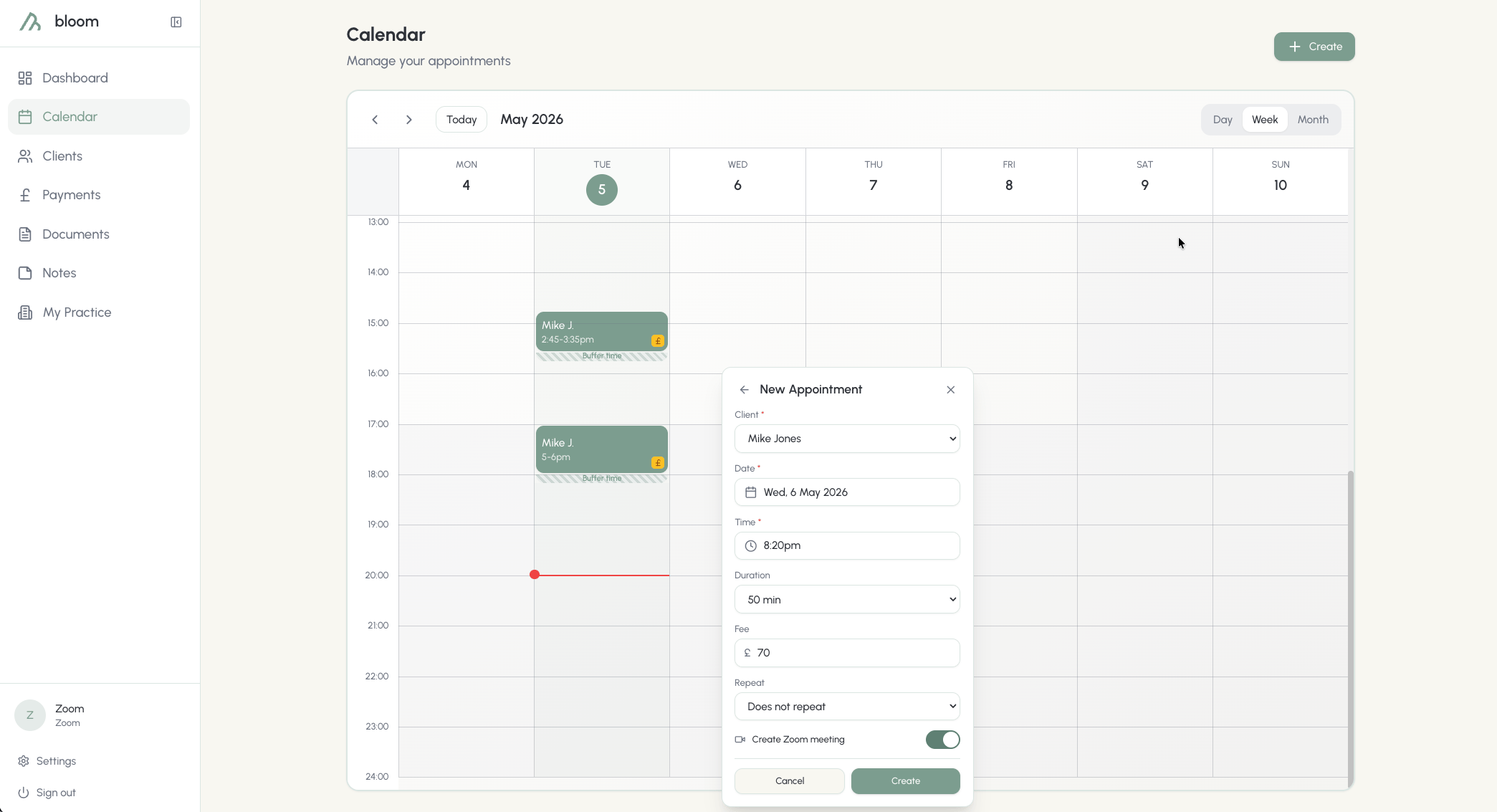 Toggle Zoom on a new appointment