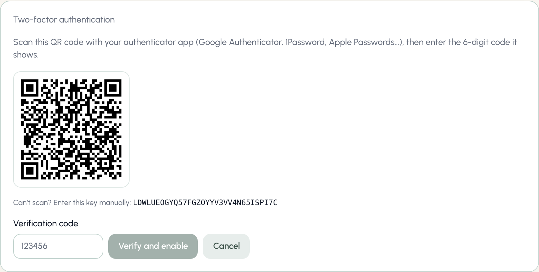QR code and setup key during two-factor setup