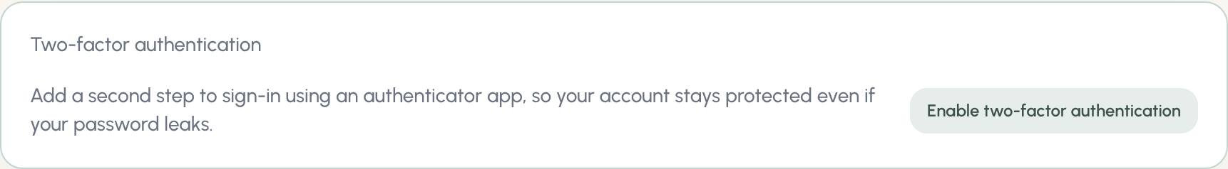 Two-factor authentication card in profile settings