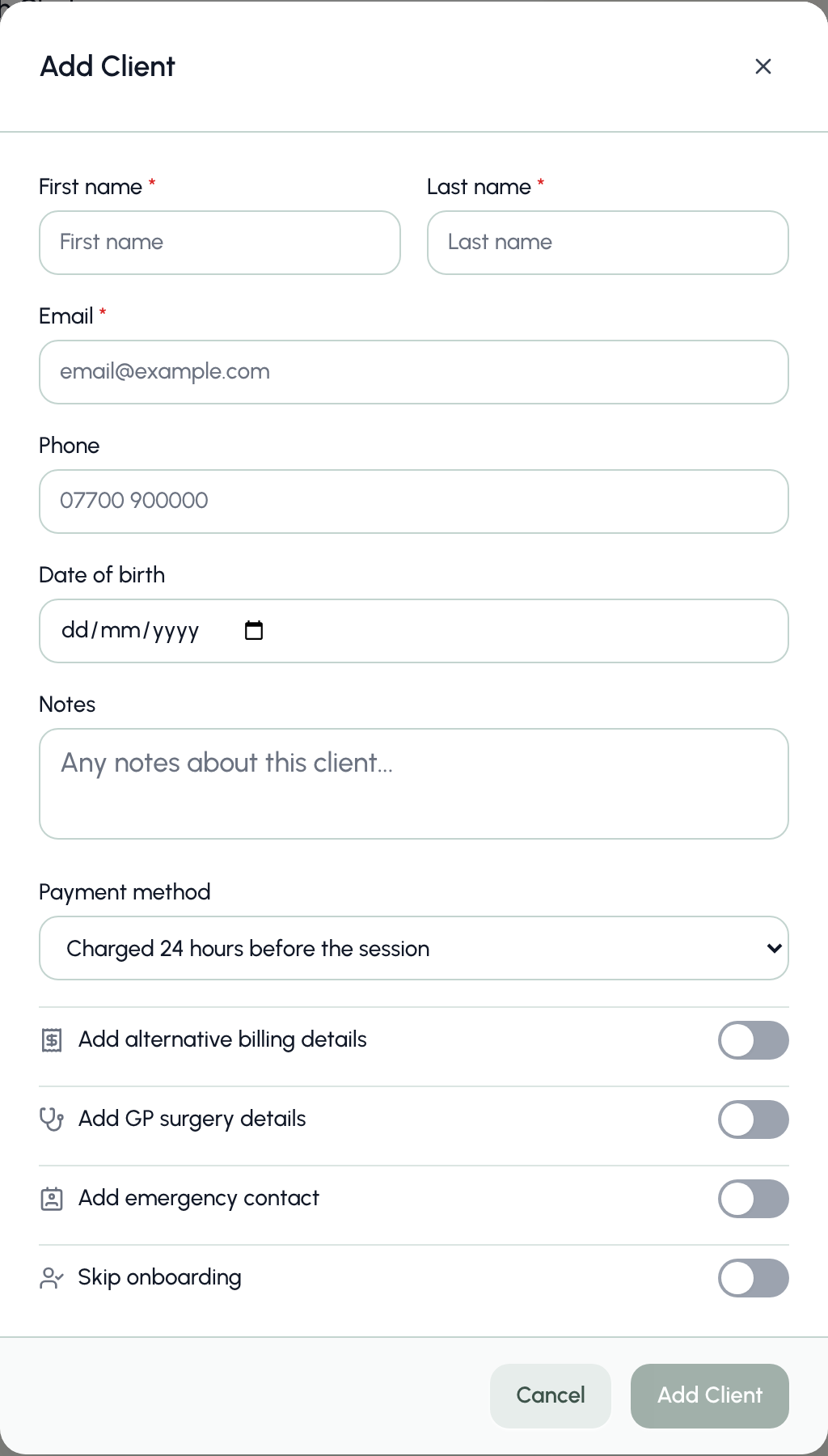 Add client modal with the payment method field