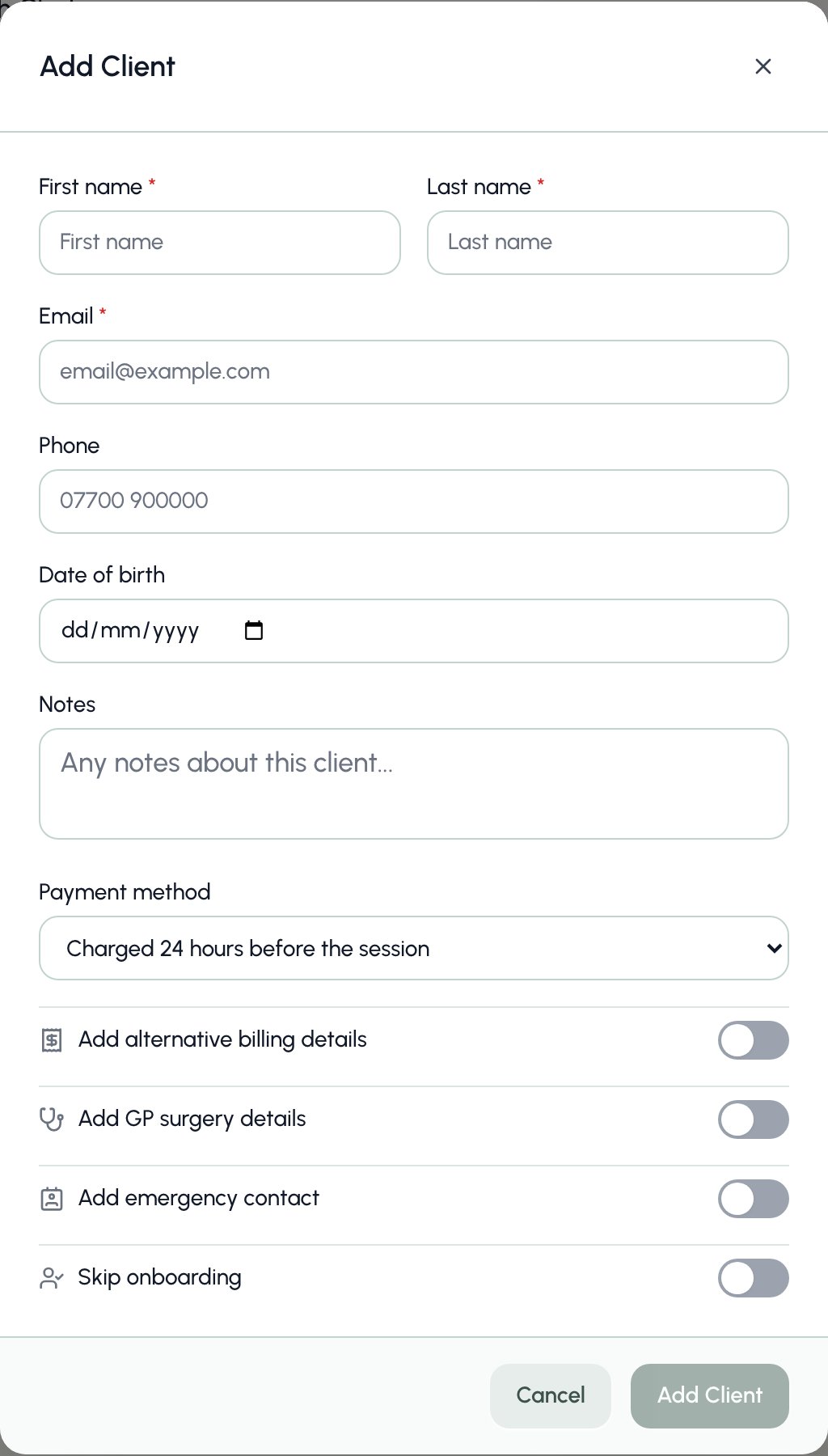 Add client modal with the payment method field