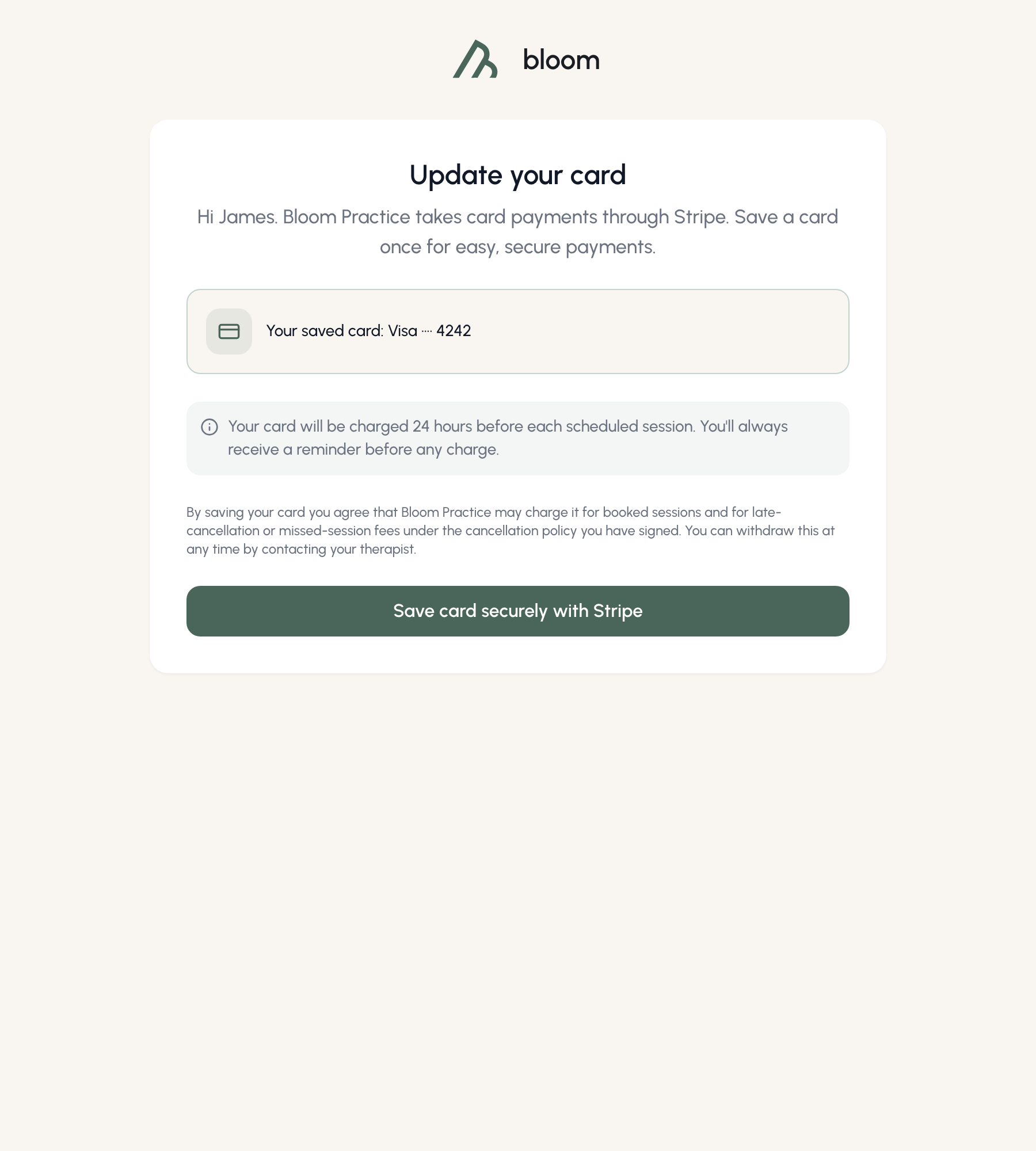 The client-facing card save page