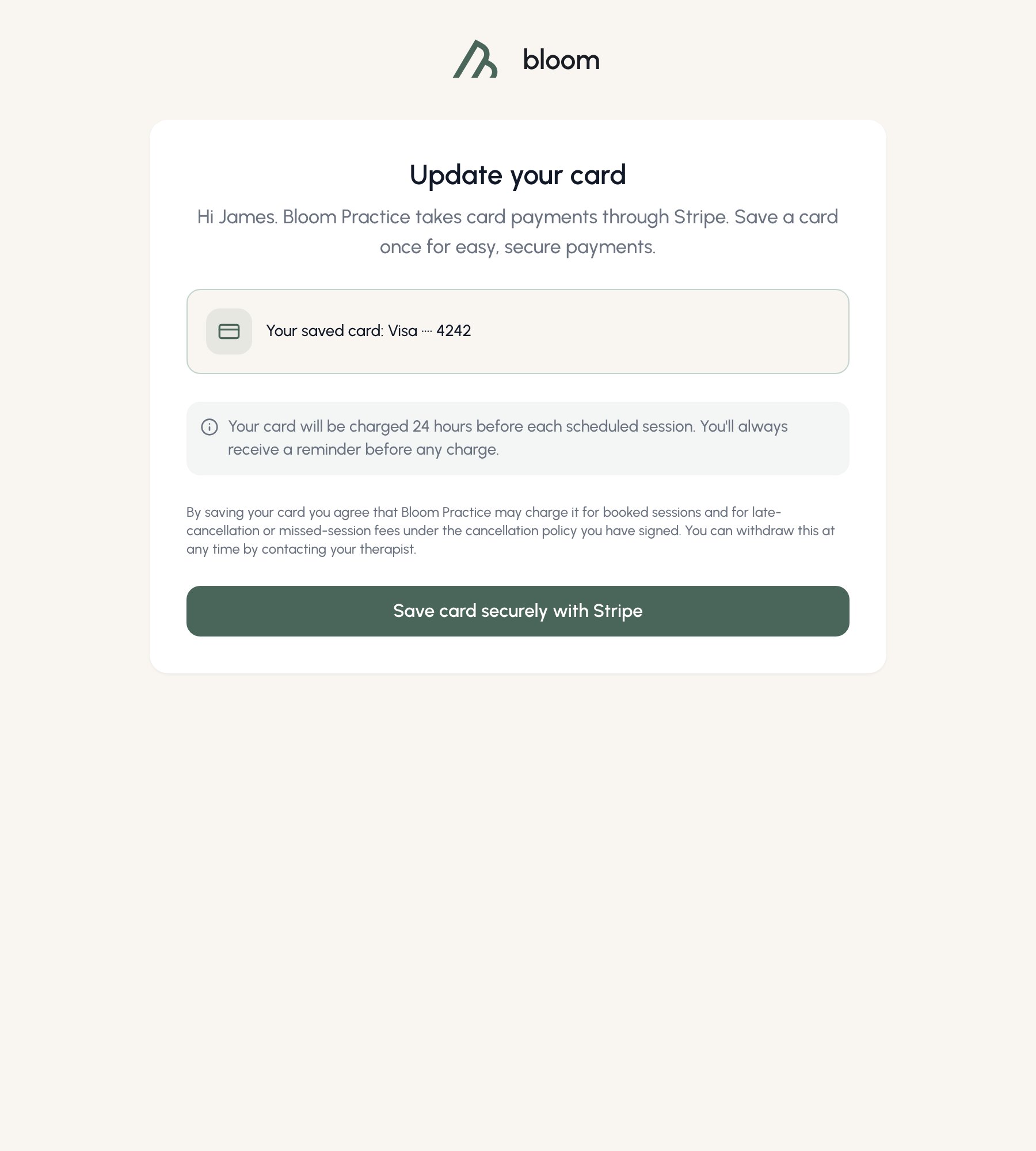 The client-facing card save page