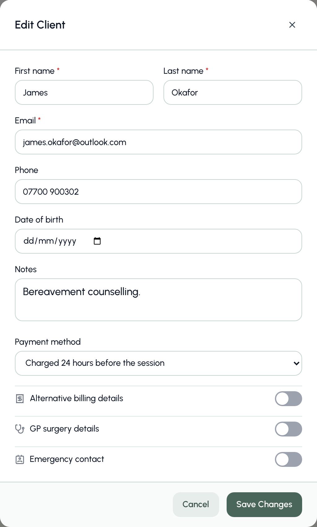 Changing a client's payment method in Edit details