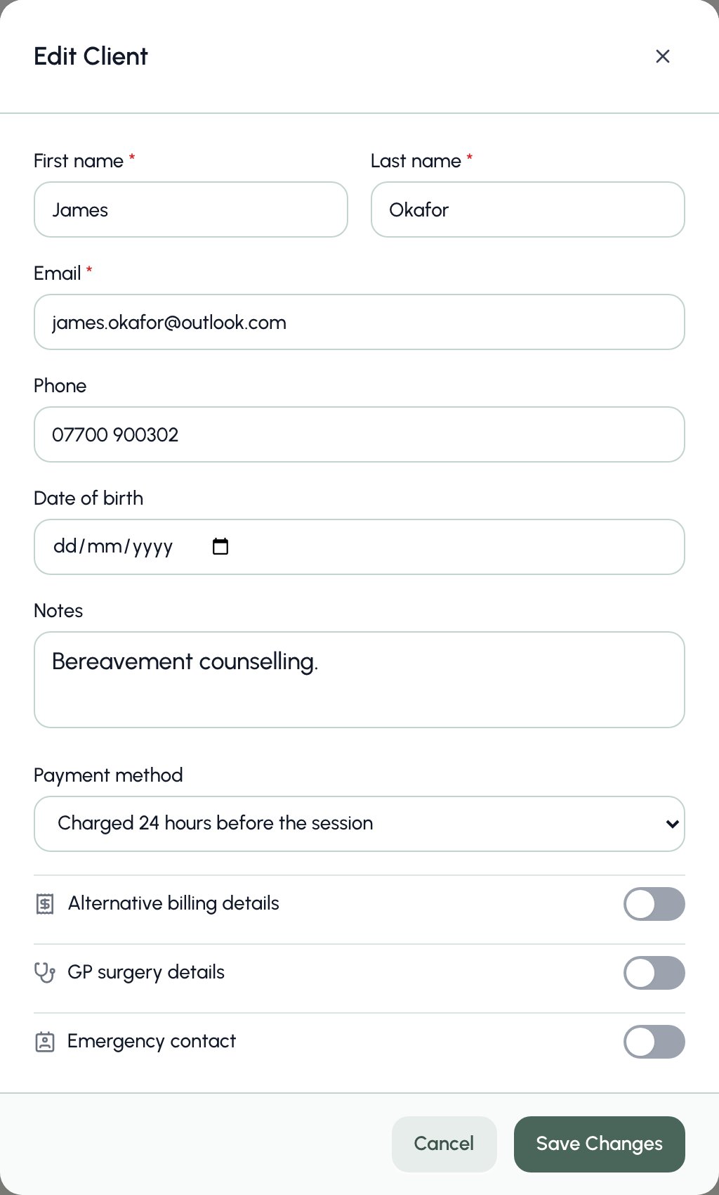 Changing a client's payment method in Edit details