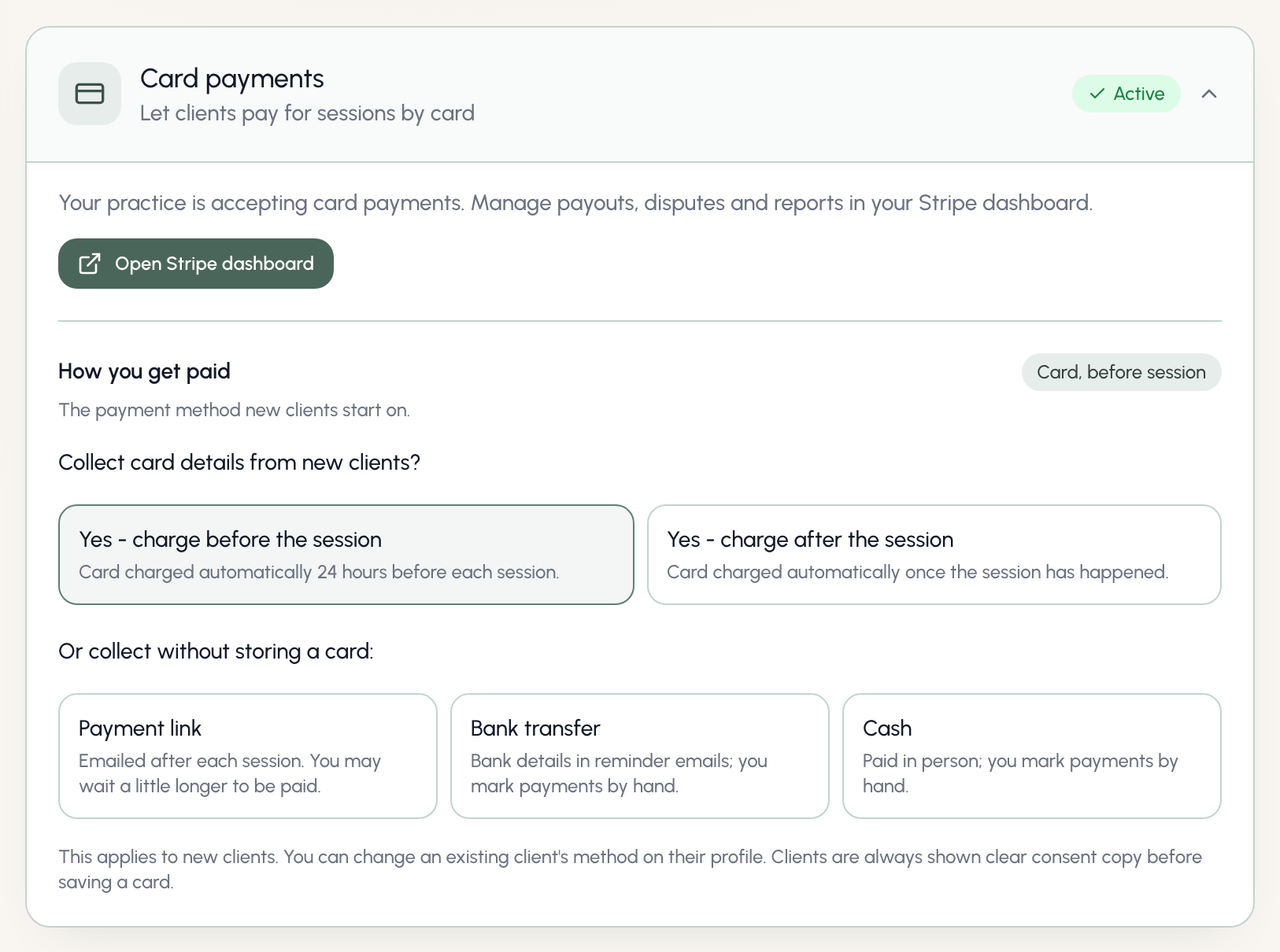 Card payments settings card