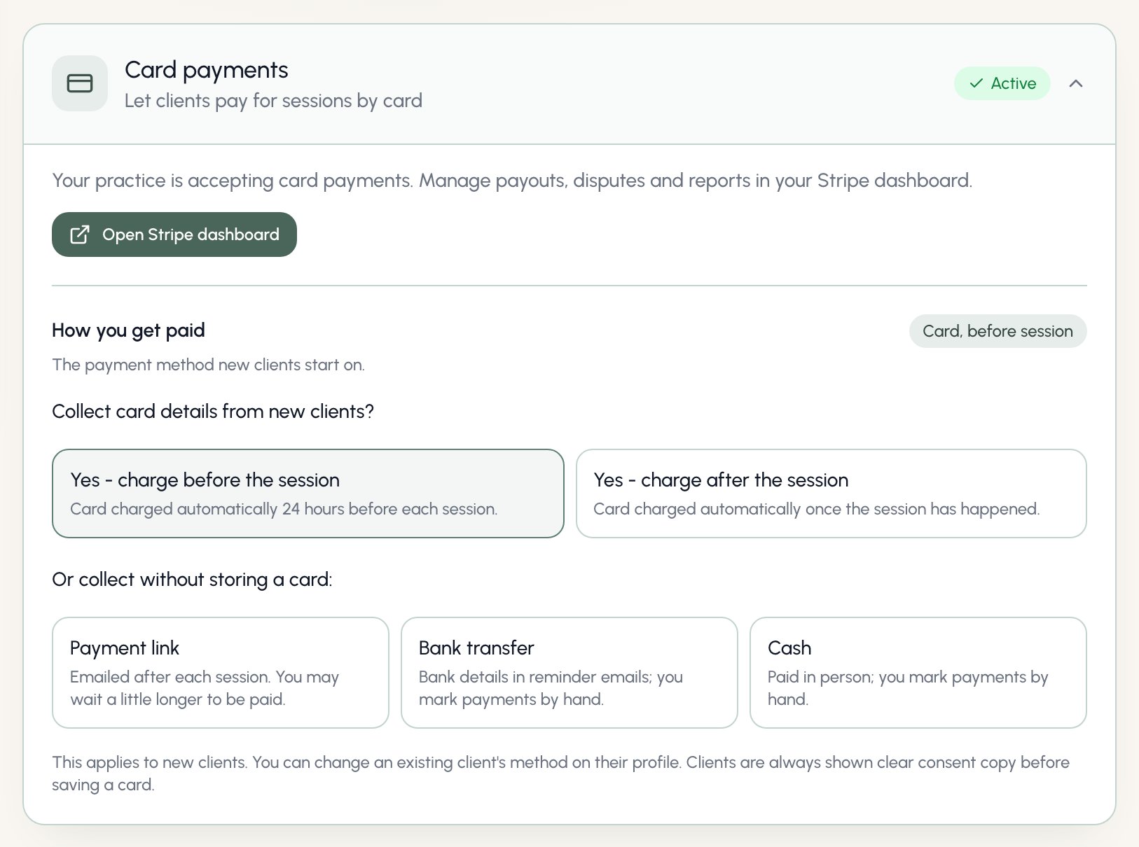 Card payments settings card