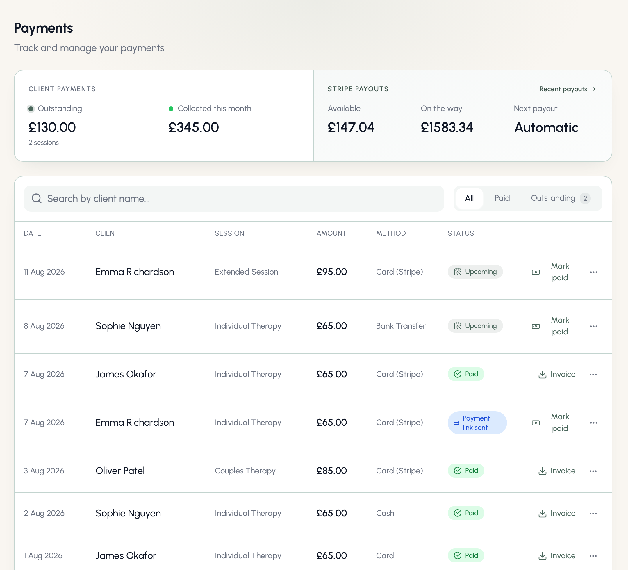 The payments page
