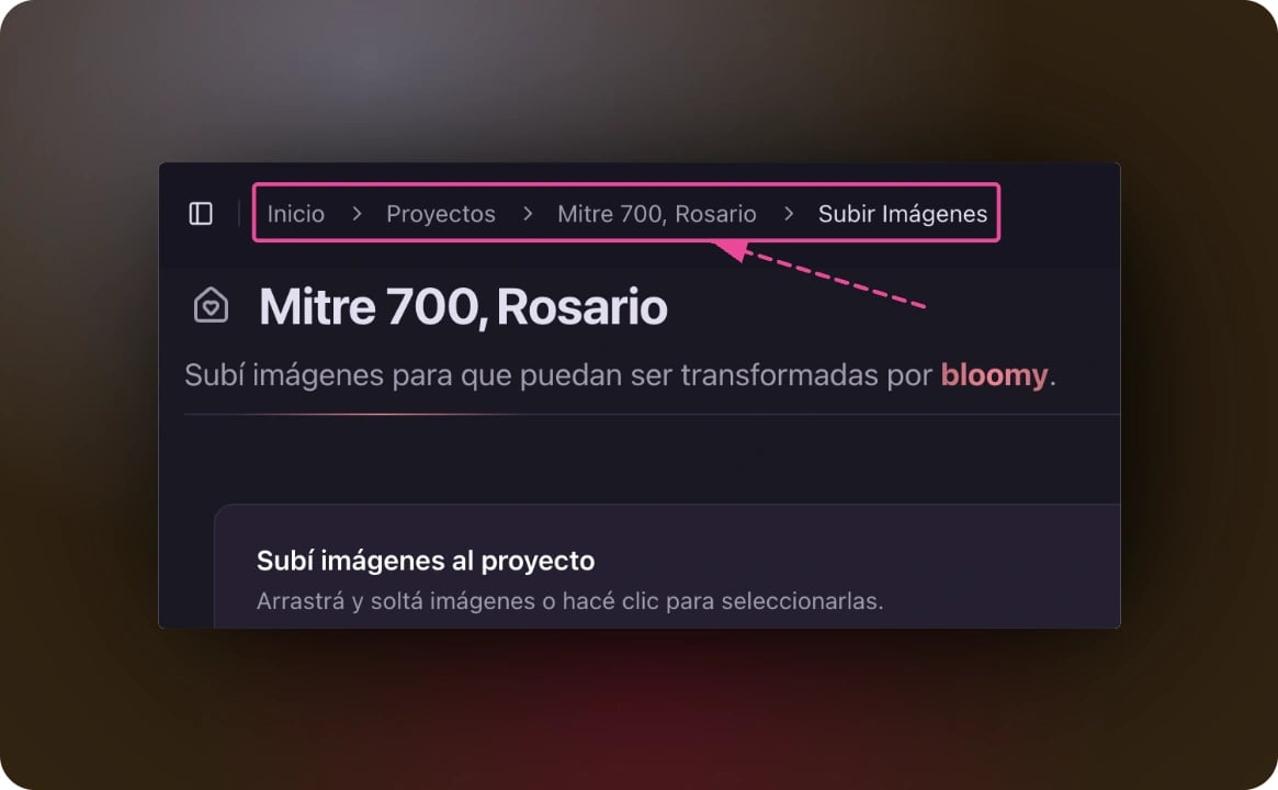 Menú de navegación breadcrumb en Bloomy mostrando la ruta de navegación actual