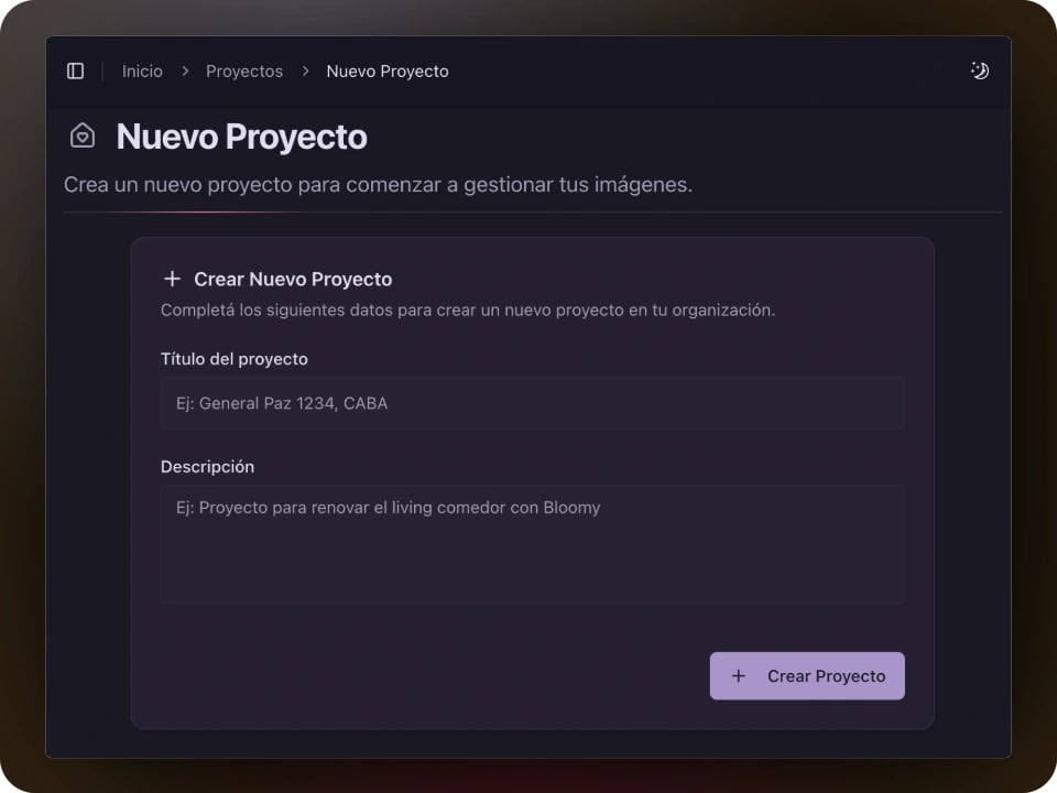 Interfaz de usuario de Bloomy mostrando la pantalla para crear un nuevo proyecto, con campos para título y descripción, botones para subir imágenes y opciones de publicación, en un entorno digital moderno y amigable