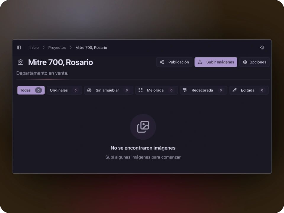 Pantalla de Bloomy mostrando un proyecto creado sin imágenes, con botones de acción y filtros disponibles