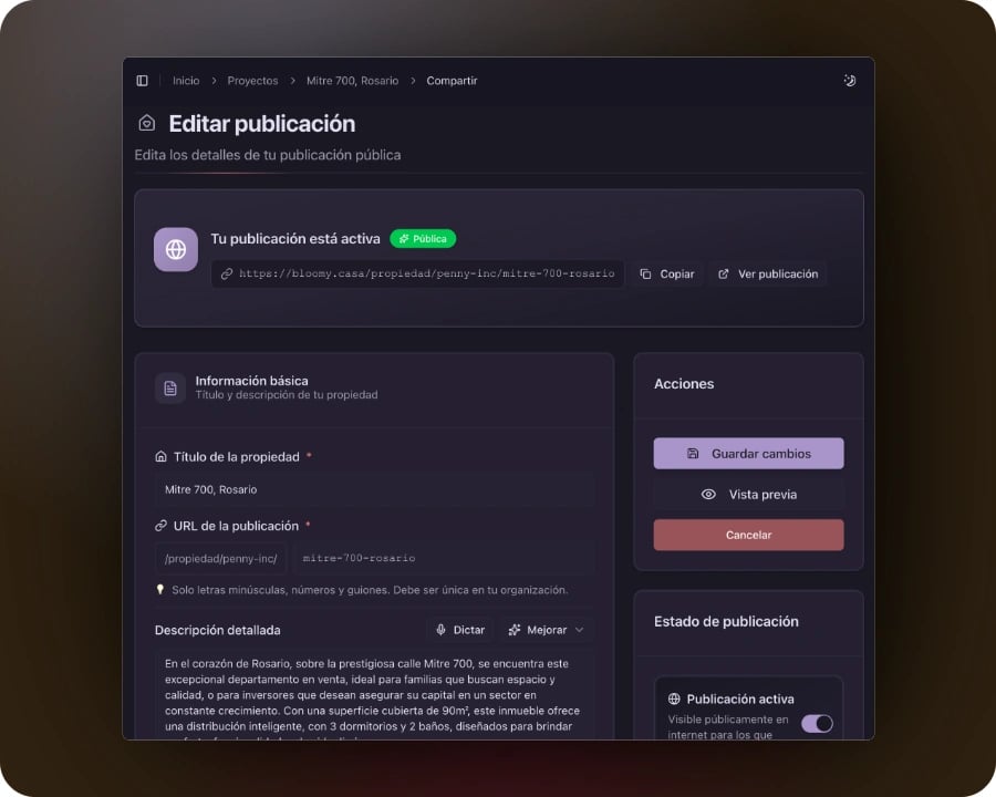Captura de pantalla de la sección Compartir mostrando la interfaz para crear una publicación pública