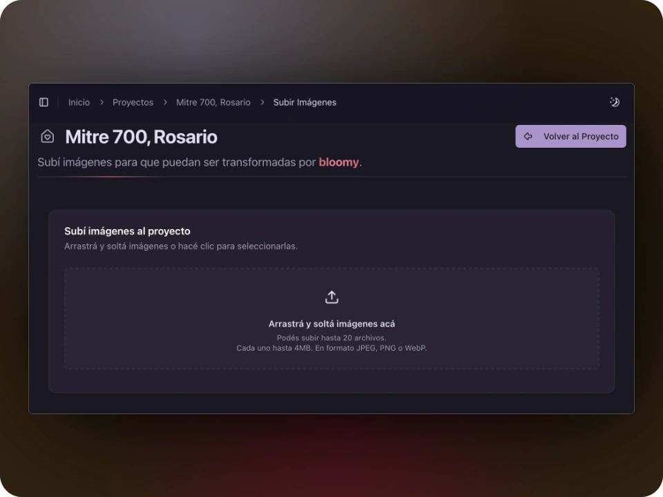 Interfaz de carga de imágenes en Bloomy mostrando la zona de arrastre y soltar archivos