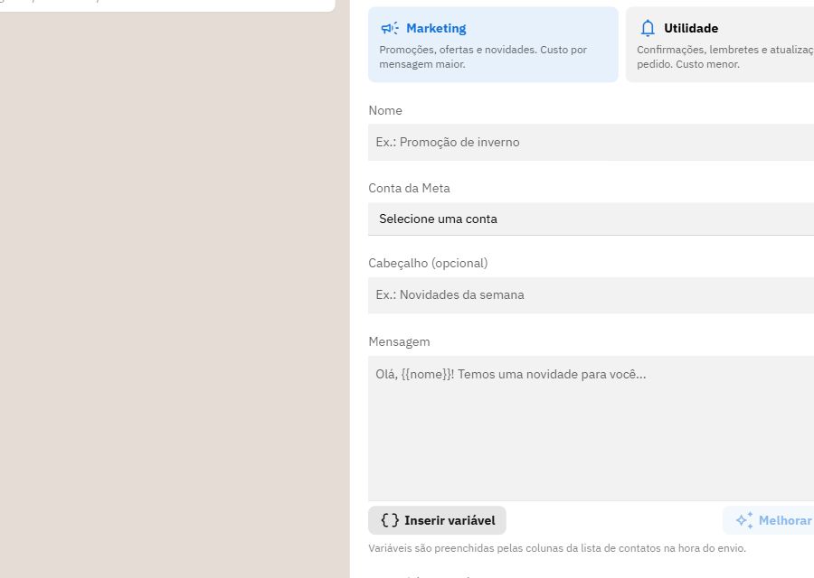 Editor Novo template com categoria, nome, conta da Meta e prévia