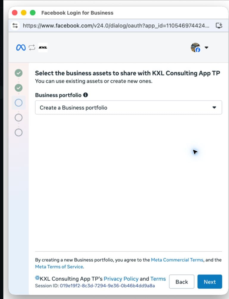 Exemplo da Meta com a opção Criar um portfólio empresarial selecionada