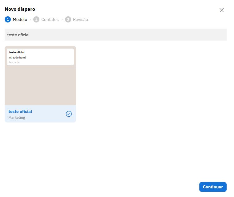 Etapa Template de Nova campanha com busca e template selecionado