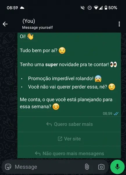 Captura de tela mostrando a mensagem com botões enviada para o WhatsApp
