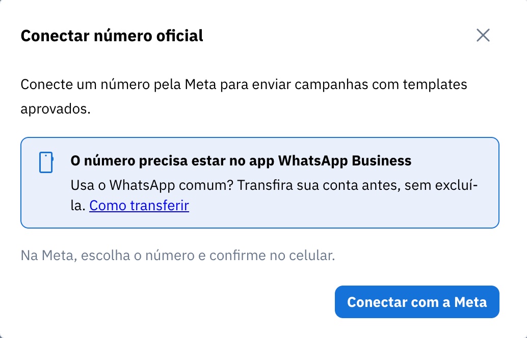 Janela Conectar número oficial com o aviso do WhatsApp Business e o botão Conectar com a Meta