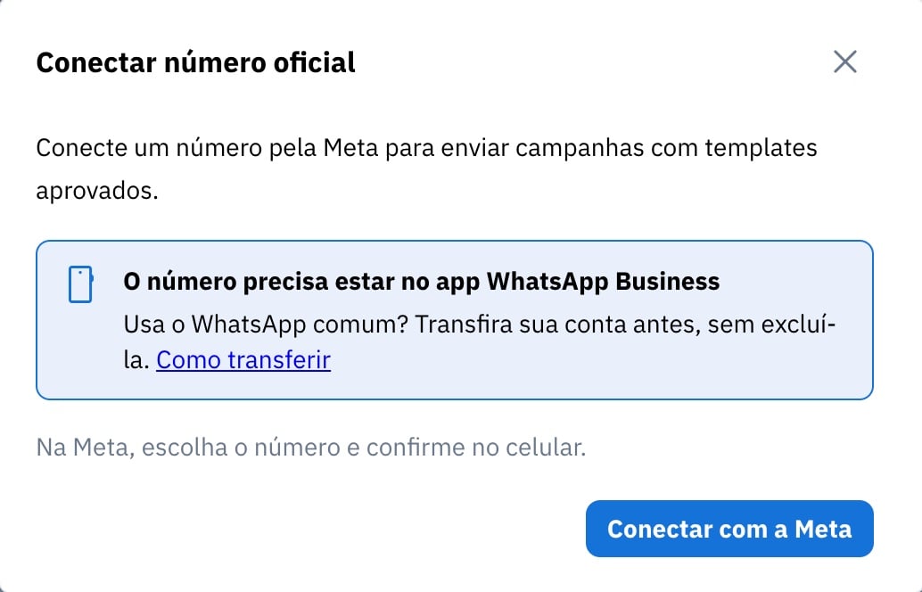 Janela Conectar número oficial com o aviso do WhatsApp Business e o botão Conectar com a Meta