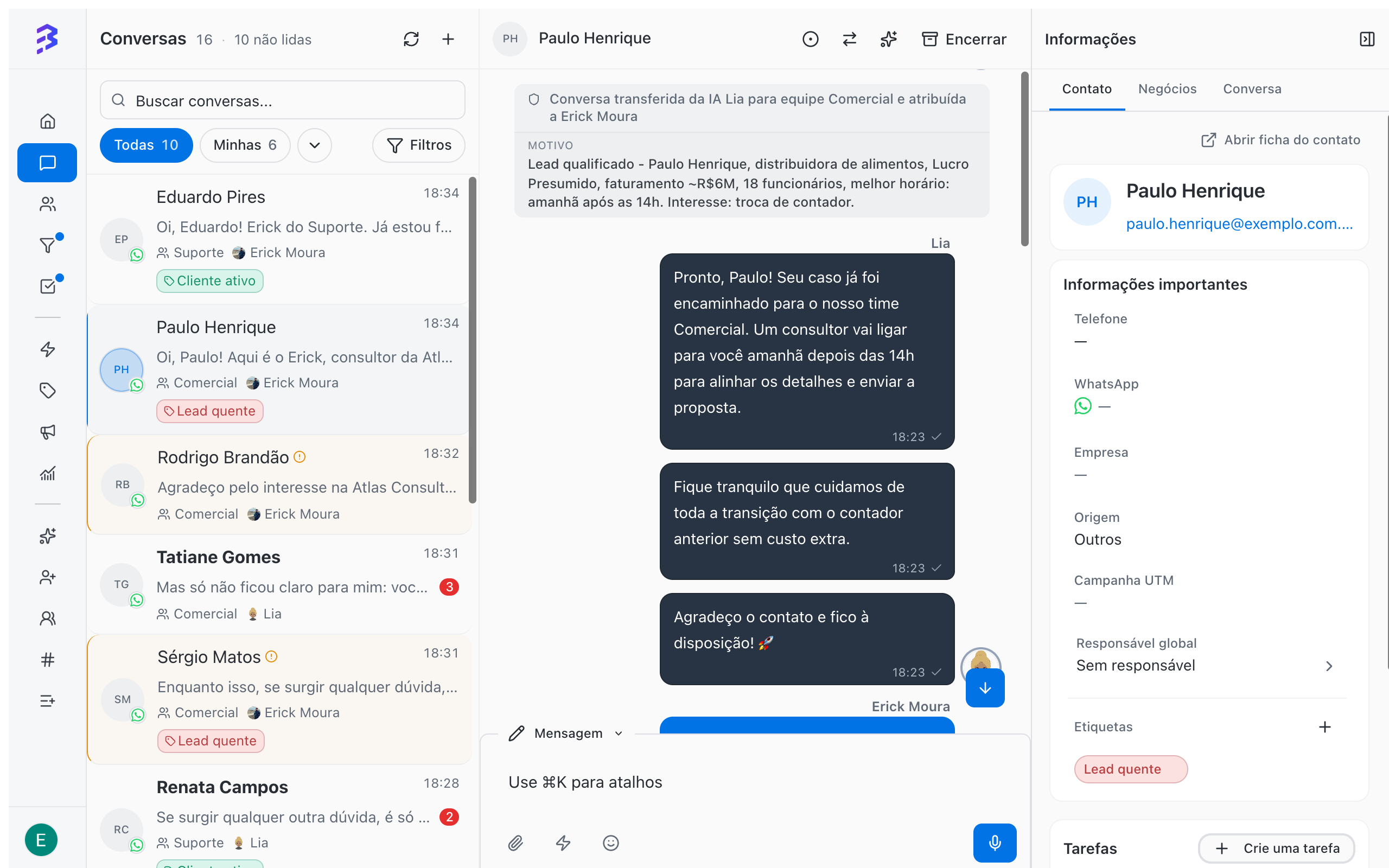 Conversa em que o agente de IA Lia qualifica o lead, registra a nota e transfere para a equipe Comercial