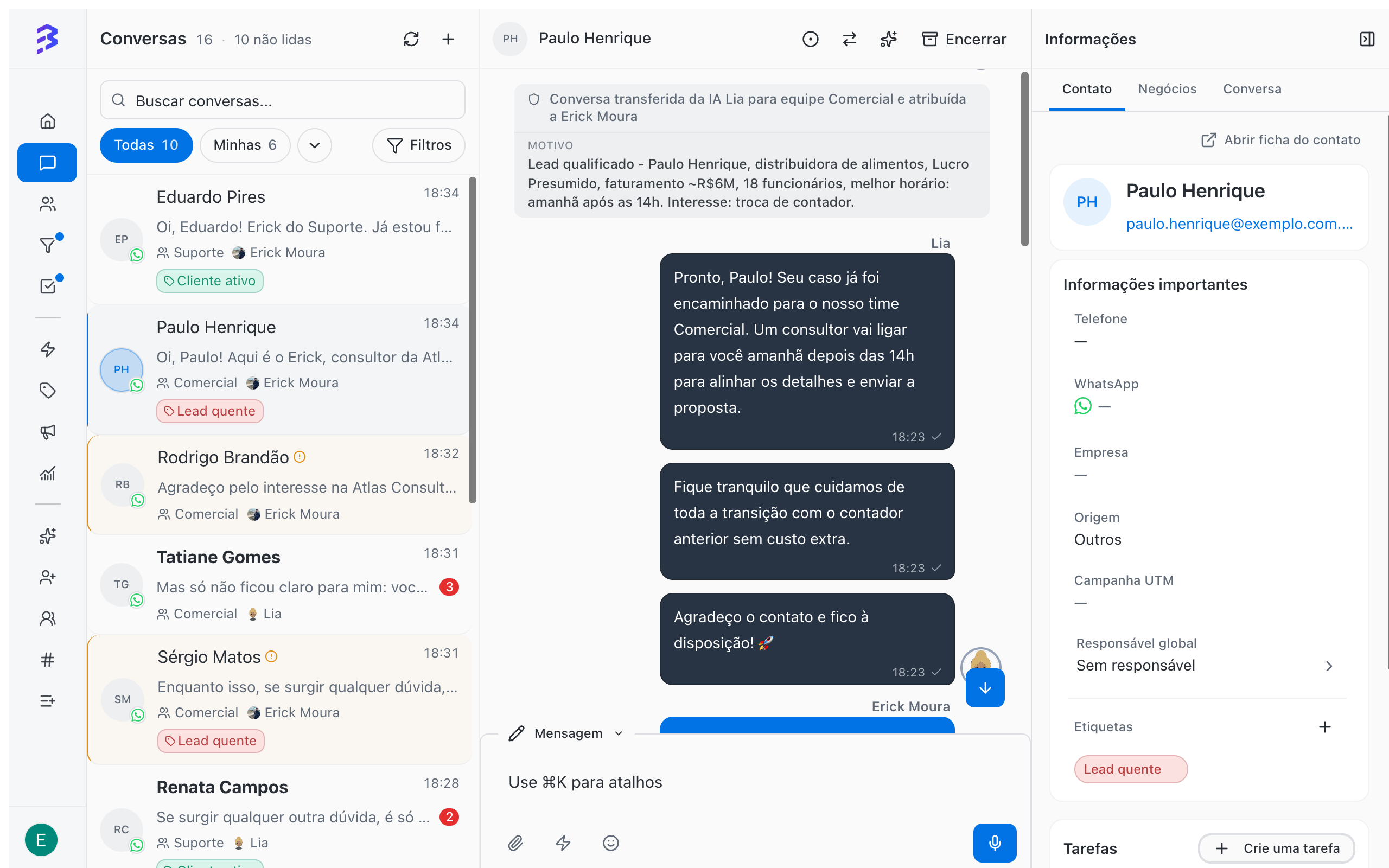 Conversa em que o agente de IA Lia qualifica o lead, registra a nota e transfere para a equipe Comercial