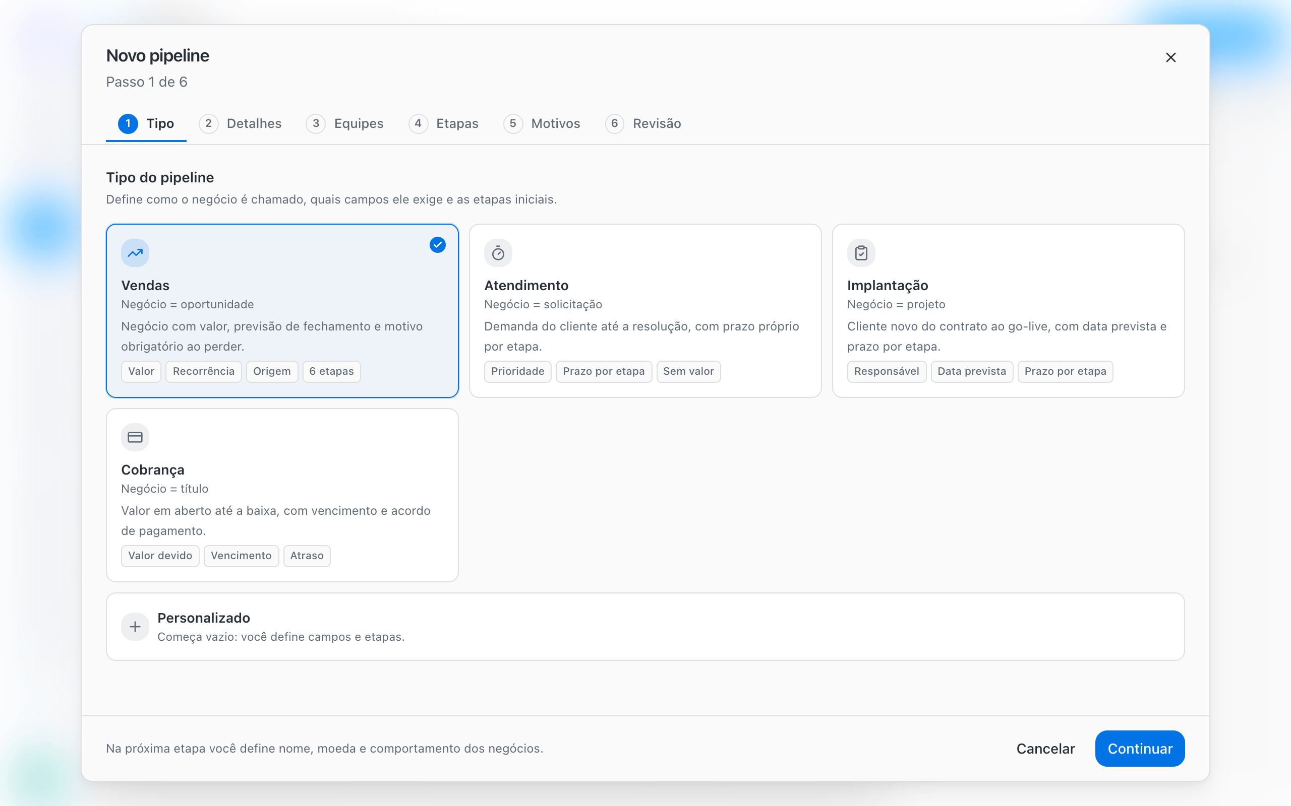 Type step of the wizard with the Sales, Support, Onboarding, Collections and Custom templates