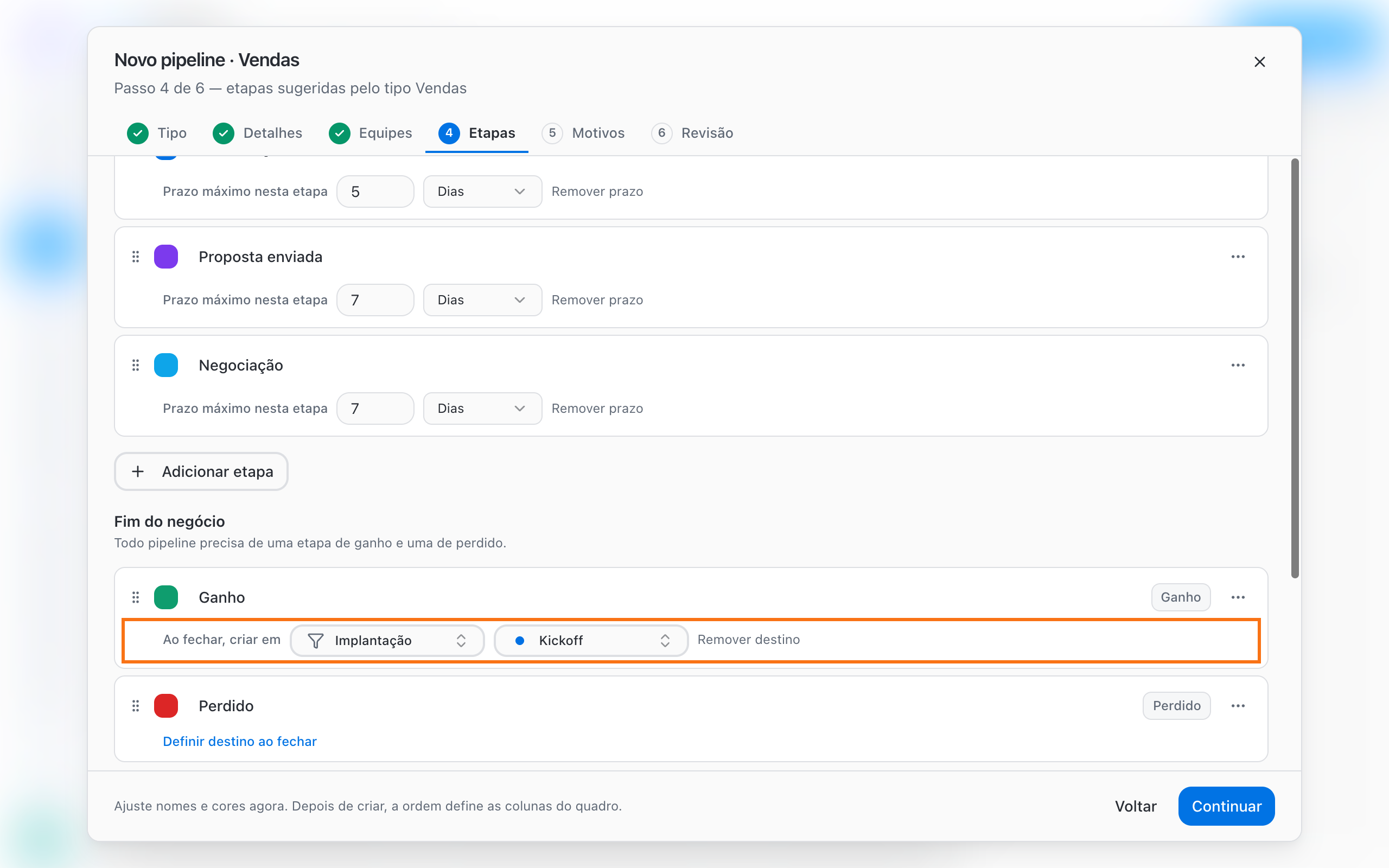 Won stage set to create the deal in the Onboarding pipeline, Kickoff stage
