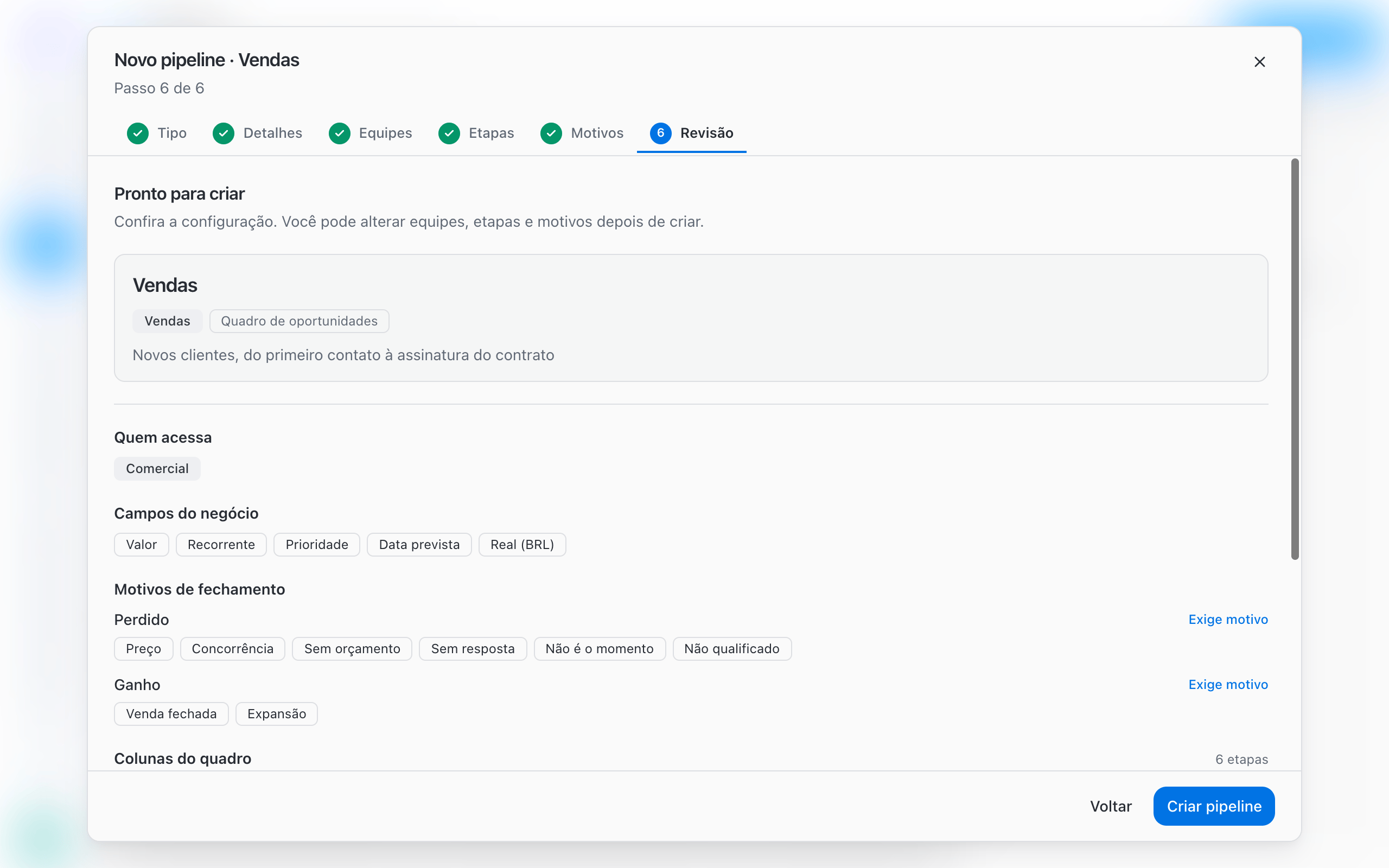 Review step with the pipeline summary before creation
