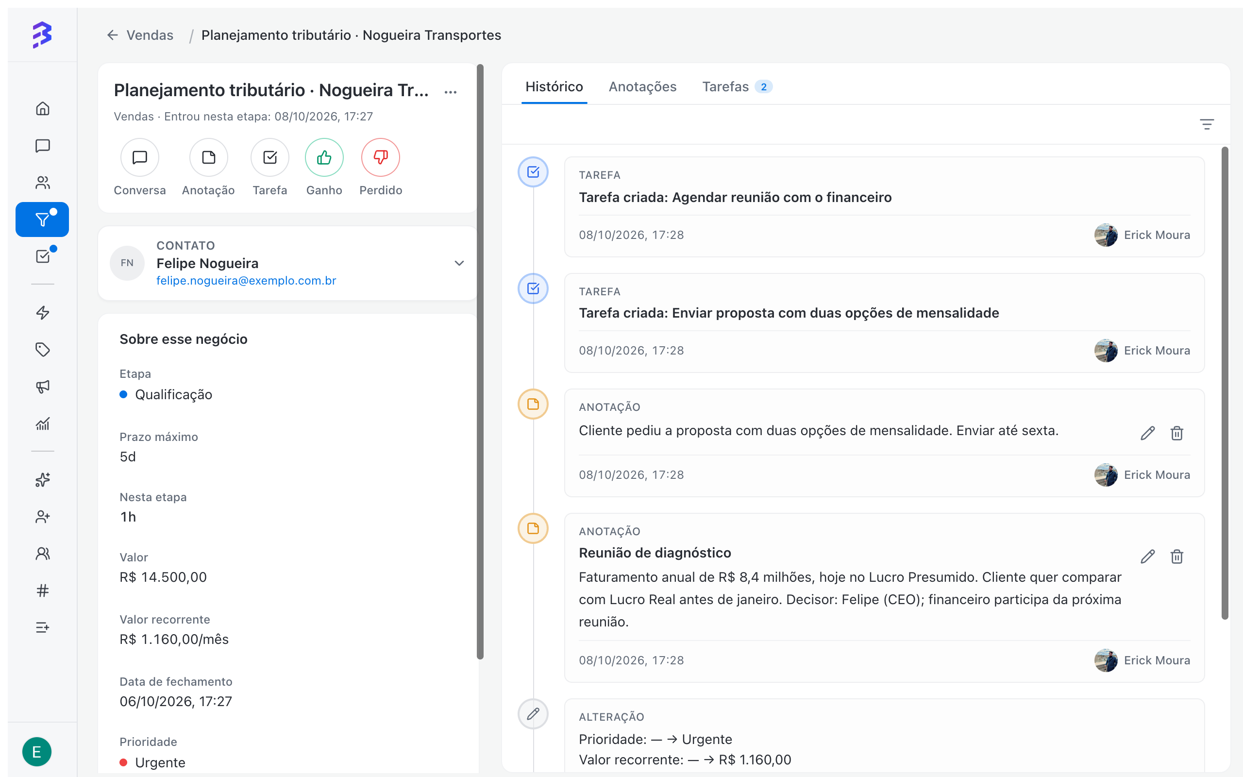 Deal record with data, quick actions and a history of notes and tasks