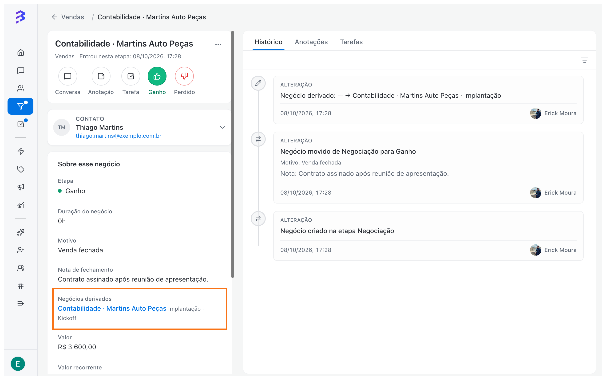 Won deal record with the derived deal created in the Onboarding Pipeline