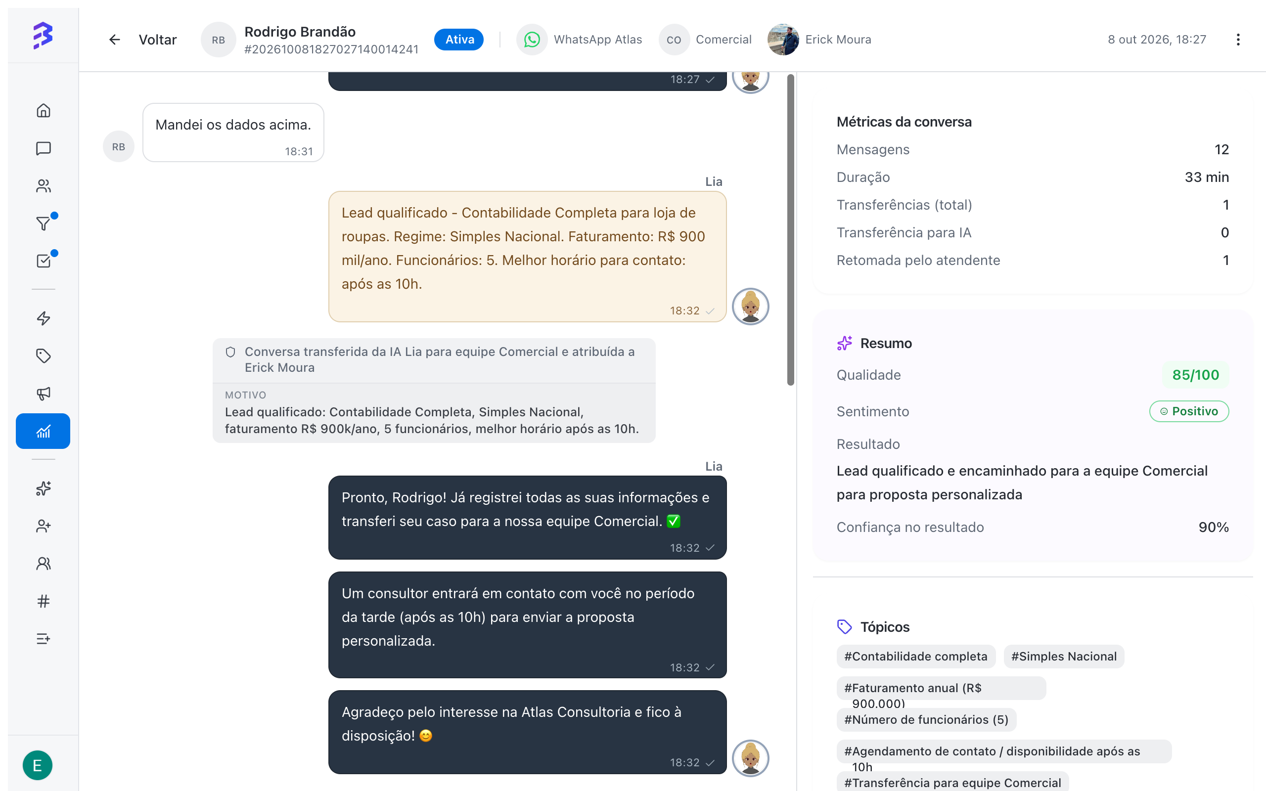 360° View of a hybrid conversation with the AI analysis: quality 85/100, positive sentiment and topics