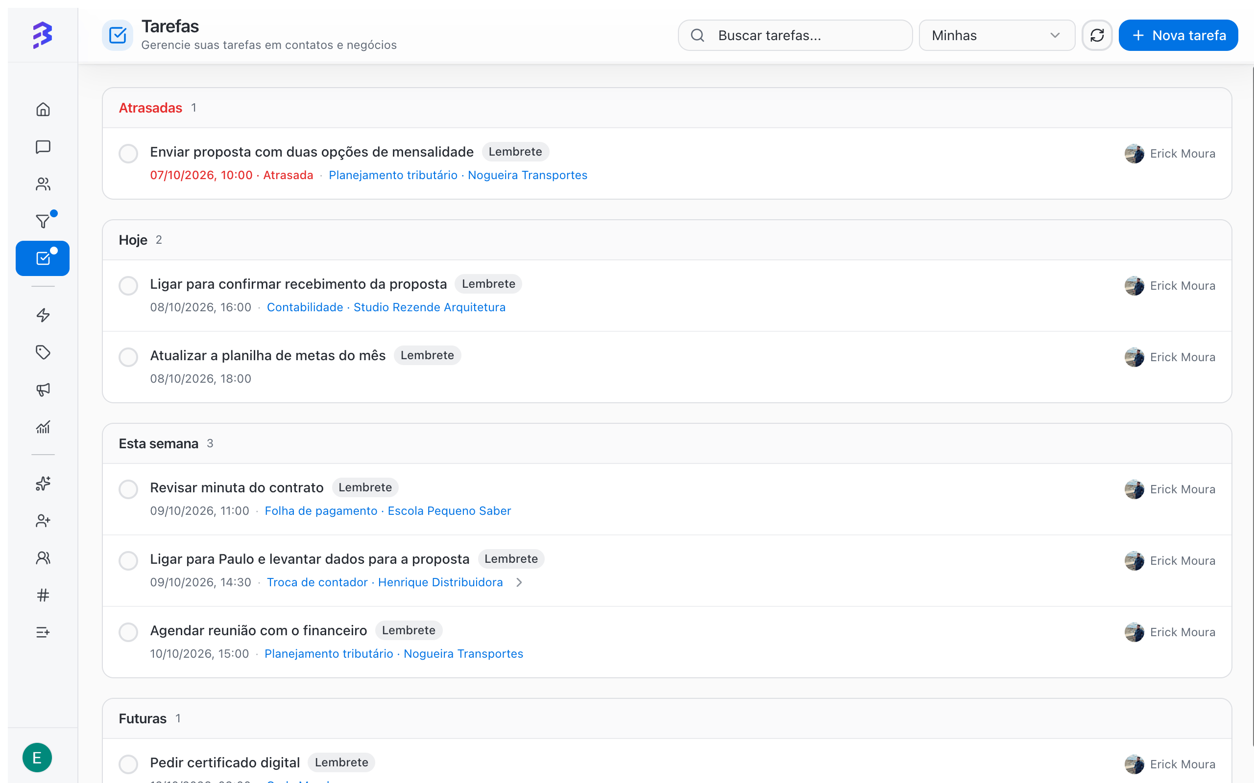 Tasks screen with tasks grouped by due date