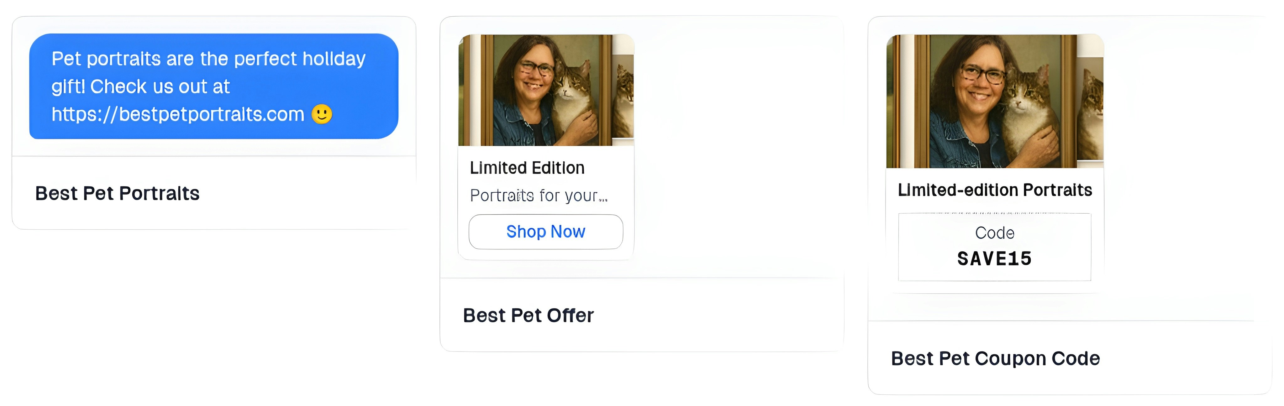 Examples of three offer types: Text Offer, Media with Buttons, and Discount Code