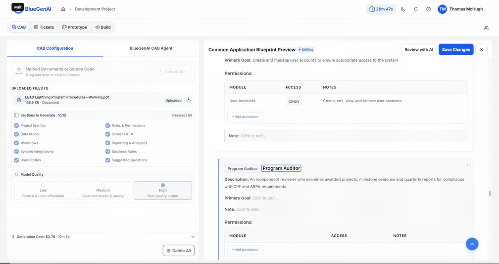 A recording of the CAB editor: selecting Add role produces a blank role card, which is filled in as ROLE-004 Program Auditor with a description, a primary goal and a permission row. Review with AI runs a spinner, then the review surface opens showing one your-edit change and fourteen AI suggestions across fifteen cards. Save All applies them and the version badge increments to five.