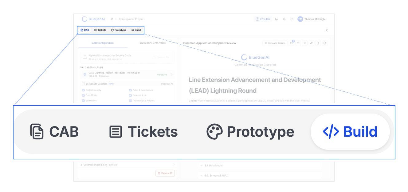 A magnified view of the mode tab bar showing the CAB, Tickets, Prototype and Build tabs with Build selected, set against a faded view of the whole workspace so the bar's position on the page is clear.