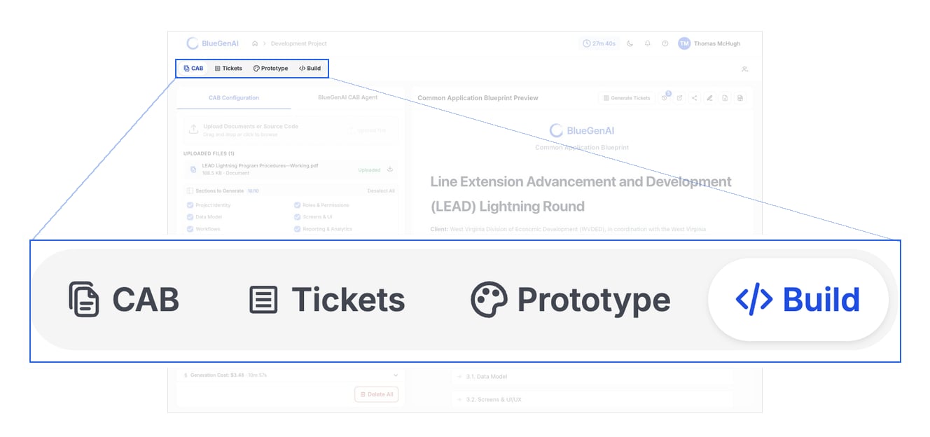 A magnified view of the mode tab bar showing the CAB, Tickets, Prototype and Build tabs with Build selected, set against a faded view of the whole workspace so the bar's position on the page is clear.