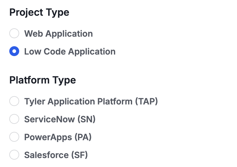 Closeup Create Project Type Lowcode