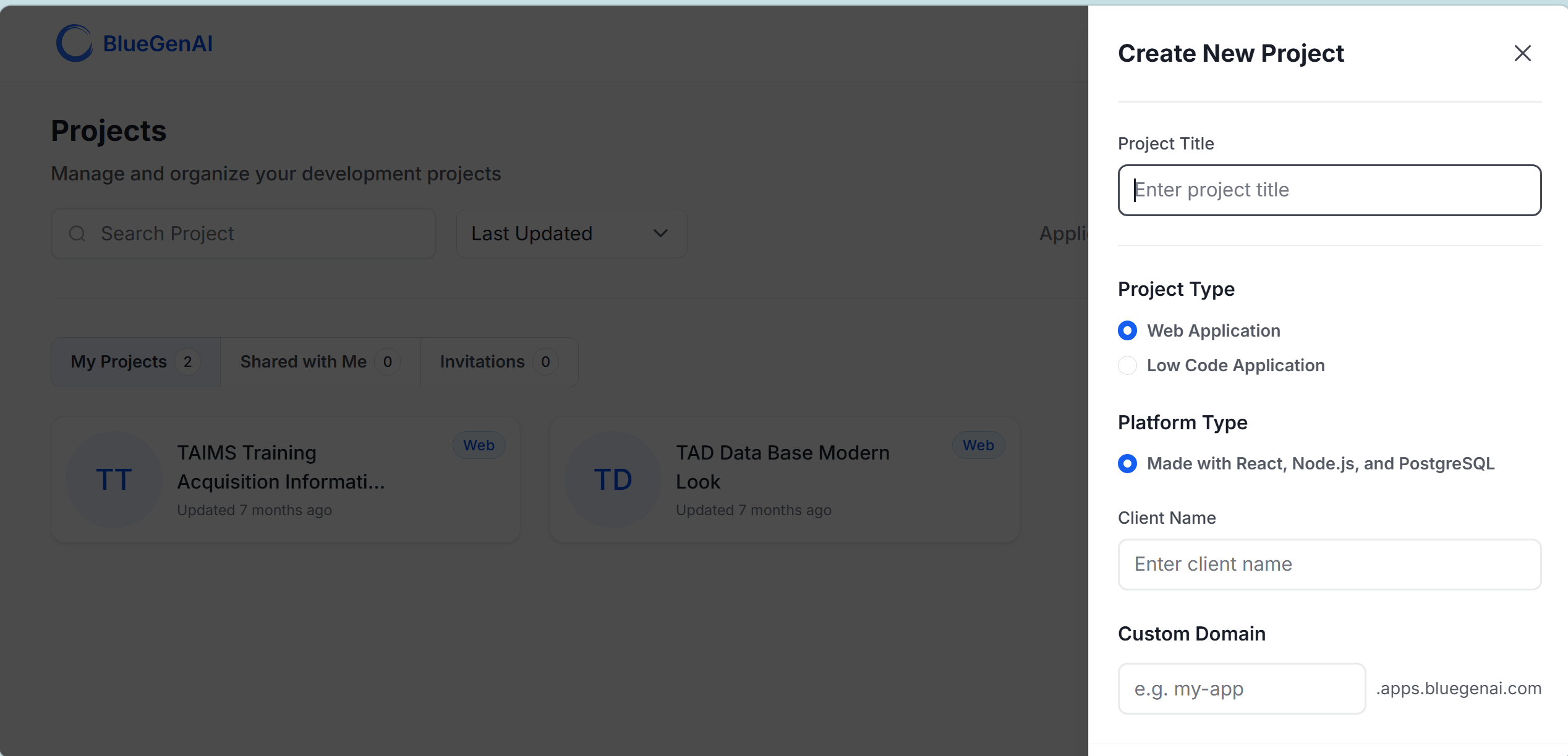 The Create New Project dialog showing Project Title, Project Type, Platform Type, Client Name, and Custom Domain fields
