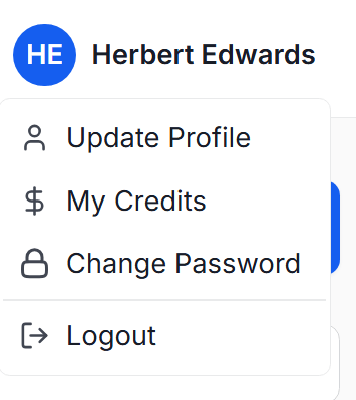 The user avatar menu showing Update Profile, My Credits, Change Password, and Logout options