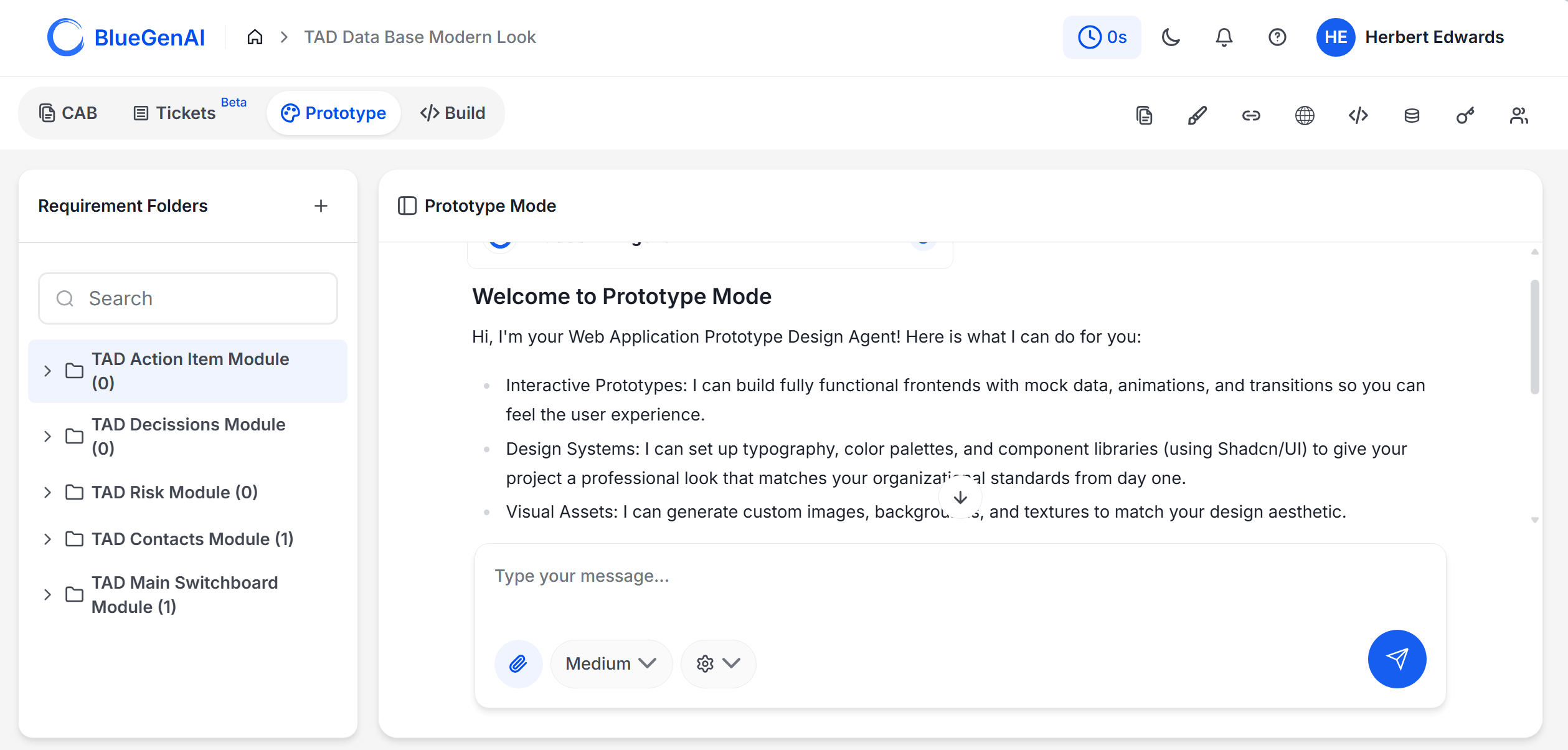 The Prototype tab showing the Requirement Folders panel on the left and chat workspace on the right