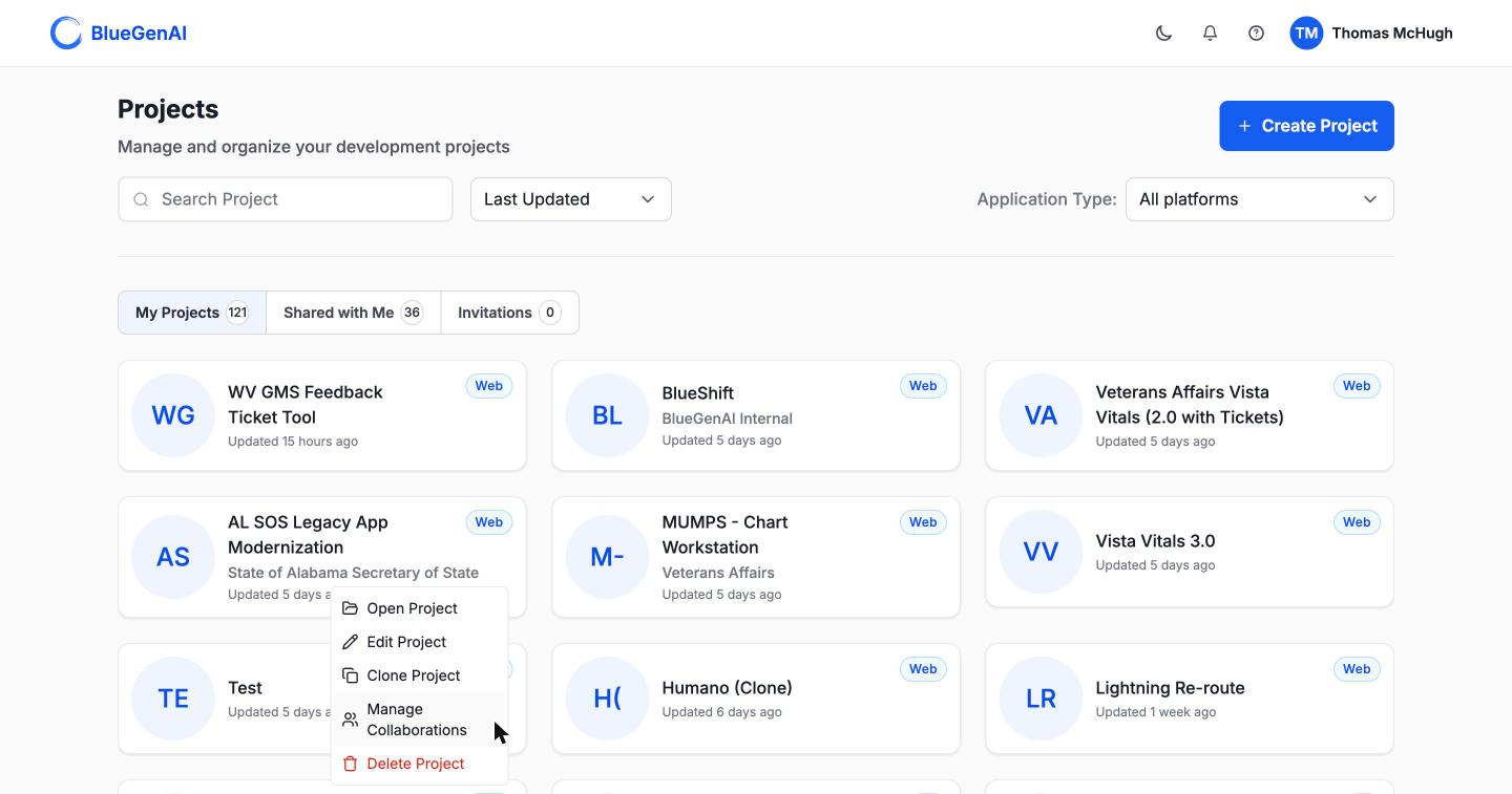 A project card overflow menu showing Open Project, Edit Project, Clone Project, Manage Collaborations, and Delete Project.