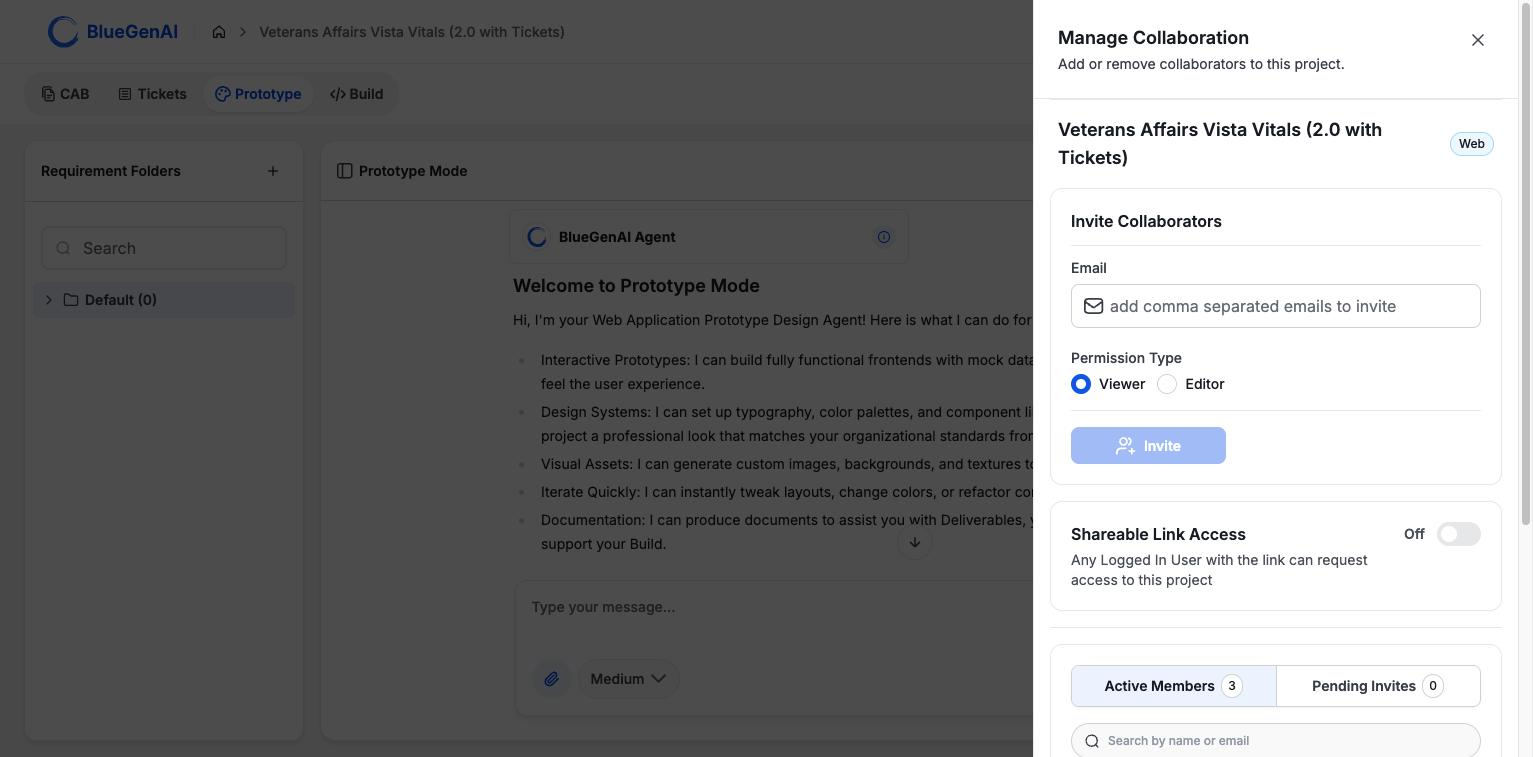 The Manage Collaboration drawer showing an Invite Collaborators card with an email field and Viewer and Editor permission options, a Shareable Link Access toggle, and a members list below.