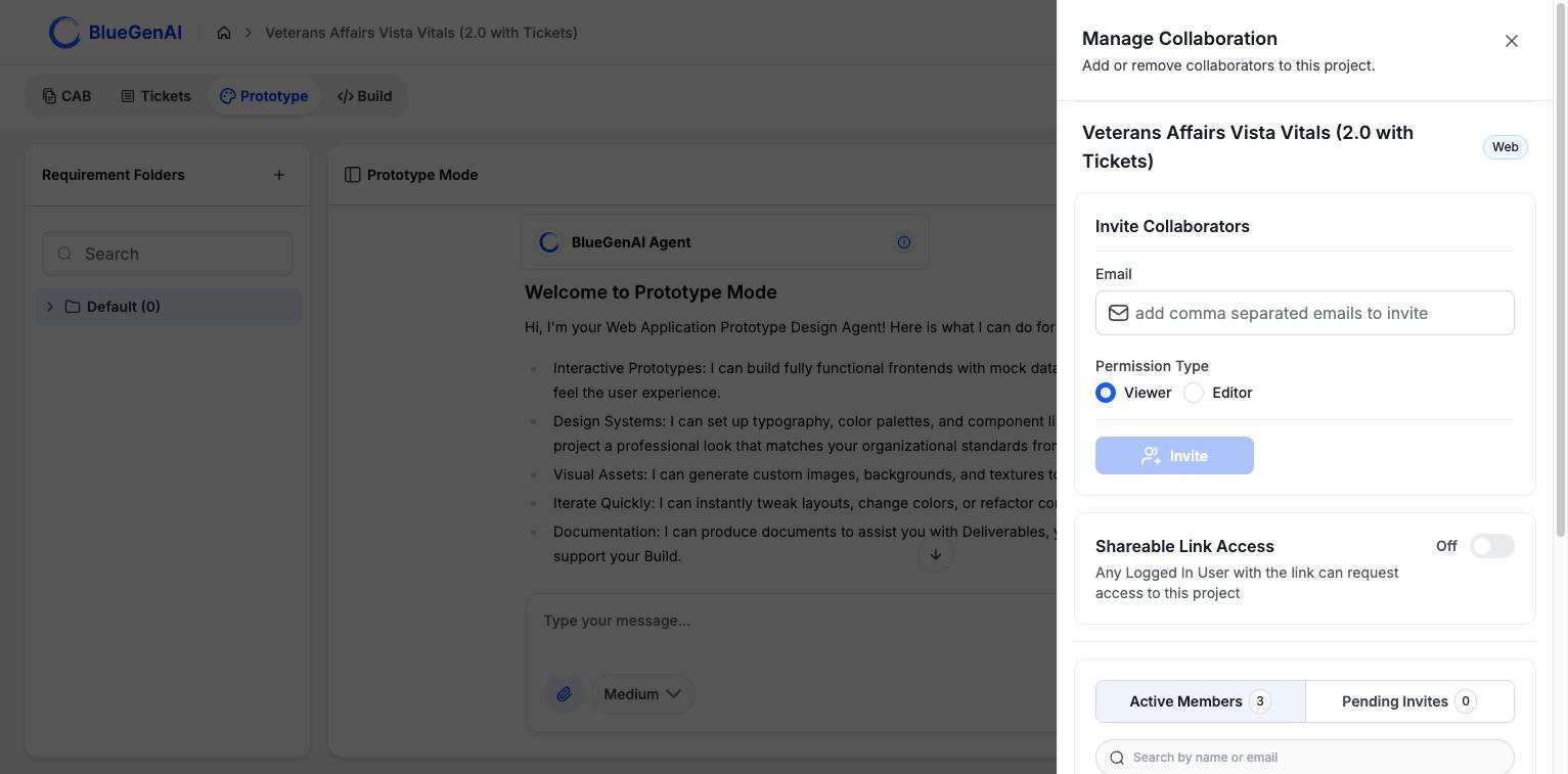 The Manage Collaboration drawer showing an Invite Collaborators card with an email field and Viewer and Editor permission options, a Shareable Link Access toggle, and a members list below.