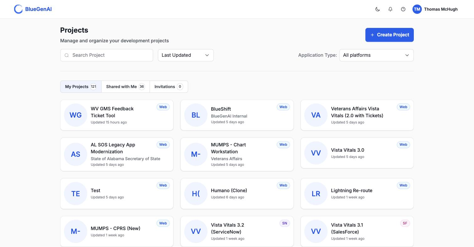 The Projects dashboard showing a search field, an Application Type filter, tabs for My Projects, Shared with Me and Invitations, and a grid of project cards each carrying a platform badge.