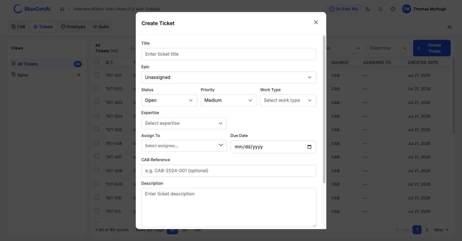 The Create Ticket modal showing fields for title, epic, status, priority, work type, expertise, assign to, and due date, with Status set to Open, Priority set to Medium, and Epic set to Unassigned.