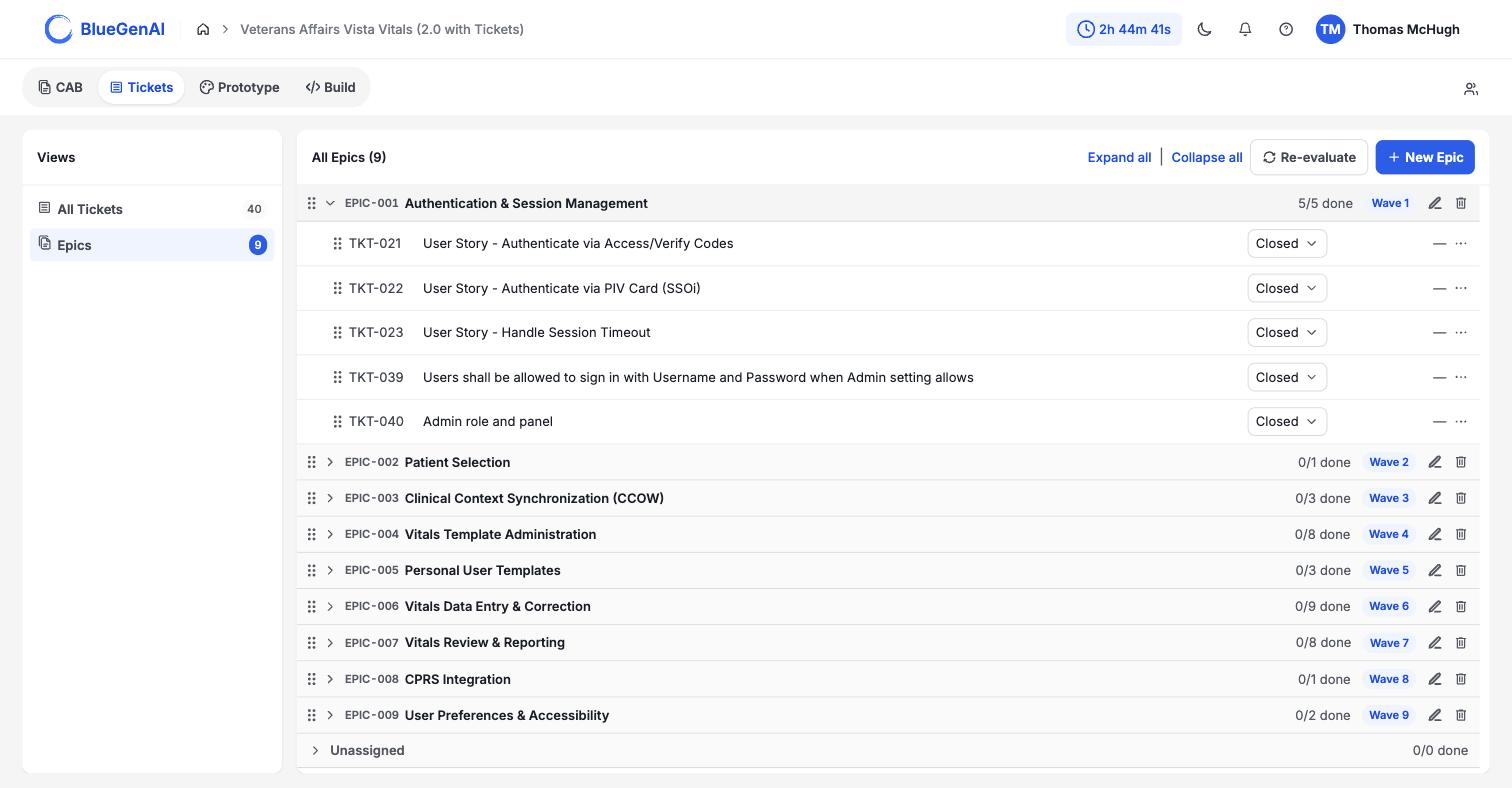 An expanded epic showing its child ticket rows, each with a drag handle, ticket id, title, an inline status dropdown, an assignee dash, and an overflow button.