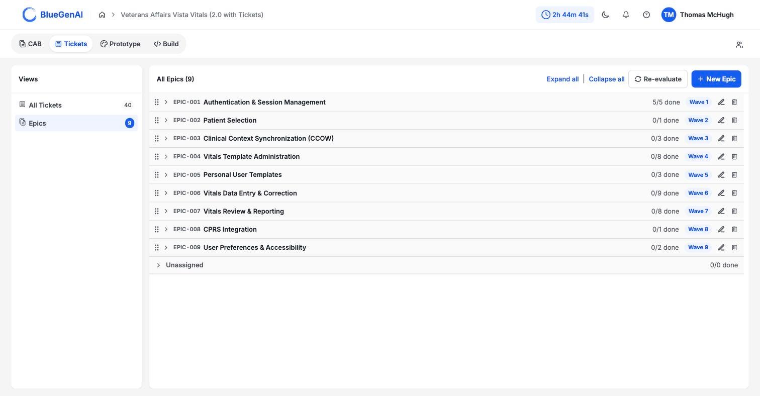 The Epics view listing nine epics from EPIC-001 Authentication and Session Management through EPIC-009 User Preferences and Accessibility, each with a progress readout, a blue wave badge, and edit and delete icons, followed by an Unassigned row.