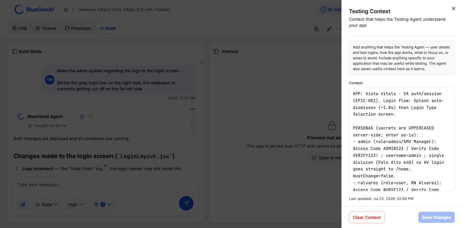 The Testing Context drawer subtitled Context that helps the Testing Agent understand your app, showing guidance text, a large free-text Context field containing an app summary and a personas block, a last updated line, and Clear Context and Save Changes buttons.