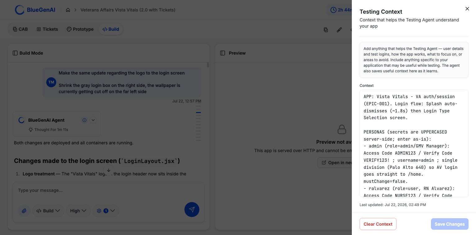 The Testing Context drawer subtitled Context that helps the Testing Agent understand your app, showing guidance text, a large free-text Context field containing an app summary and a personas block, a last updated line, and Clear Context and Save Changes buttons.