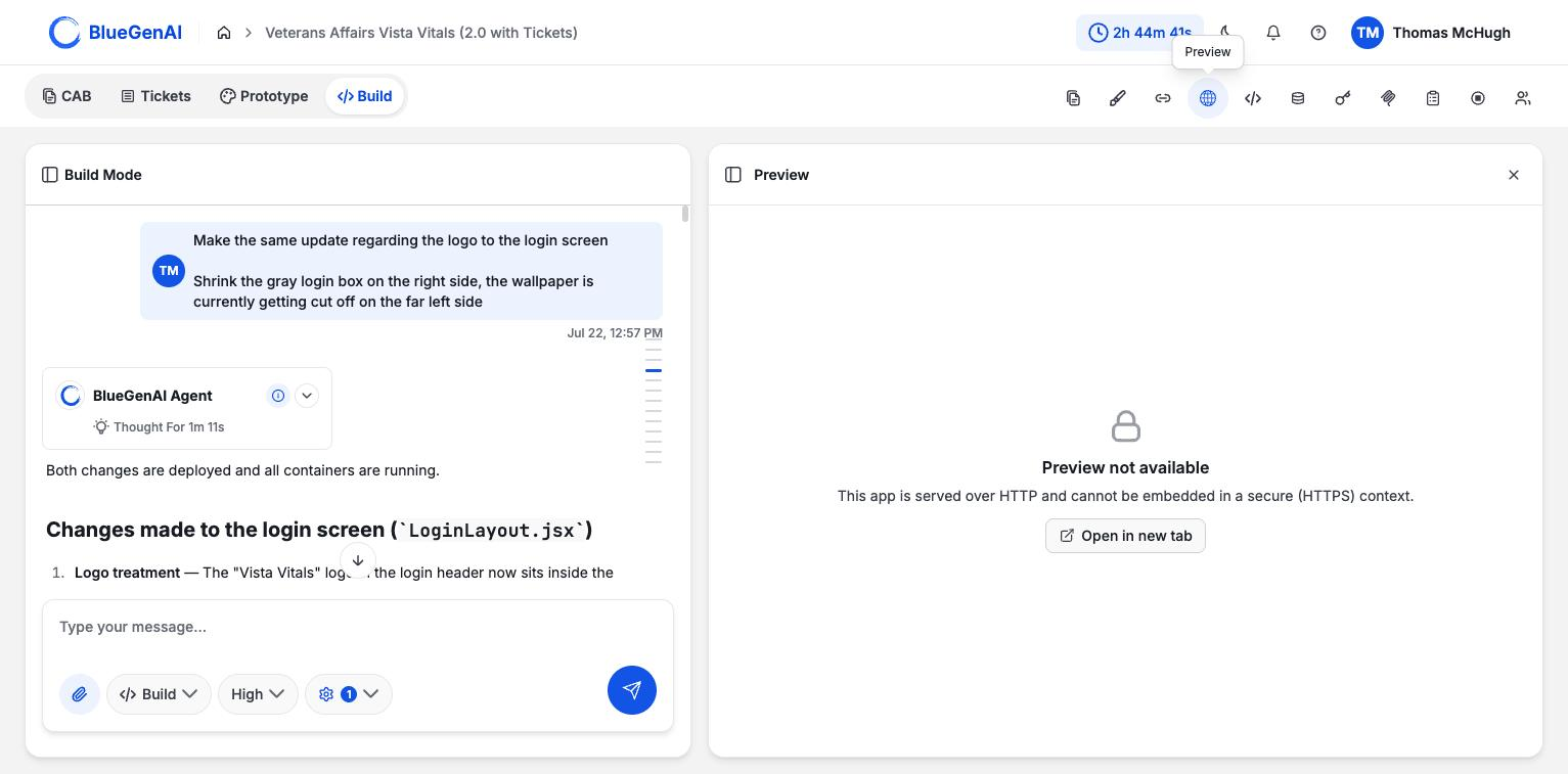 The Preview panel showing a padlock icon above the message Preview not available, explaining the app is served over HTTP and cannot be embedded in a secure context, with an Open in new tab button.